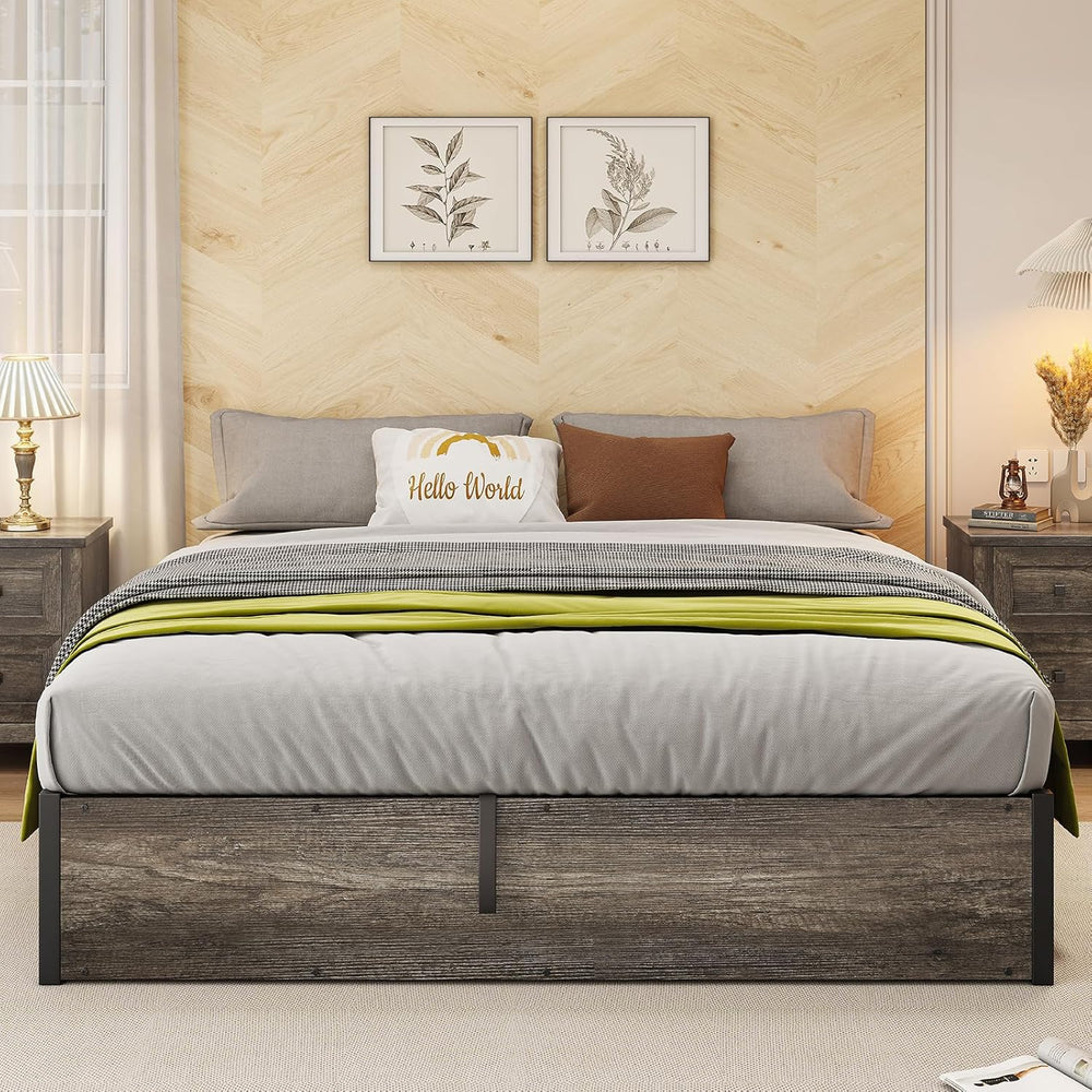 AMERLIFE Queen Size Lift Up Storage Bed Frame, Rustic Grey