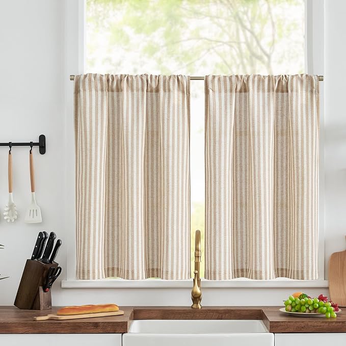 jinchan Striped Linen Kitchen Curtains 30 Inches Length Tier Curtains Farmhouse by JINCHAN