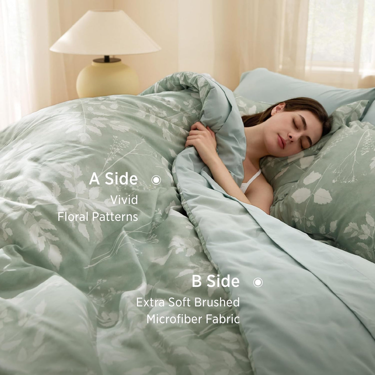 bedsure sage green queen comforter set, floral bedding shown in use