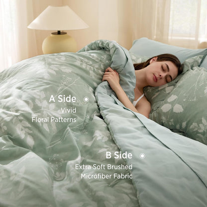 bedsure sage green queen comforter set, floral bedding shown in use