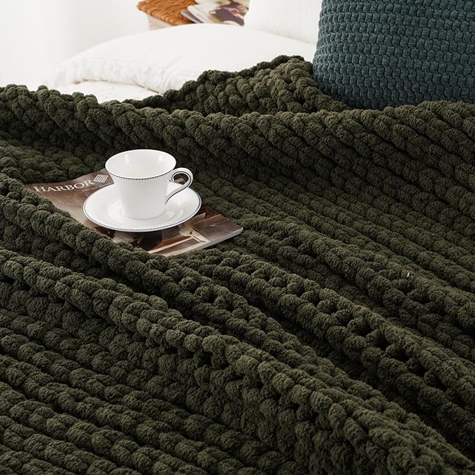 Battilo Olive Green Chunky Knit Throw Blanket, Soft and Thick Green Chenille - Image 4
