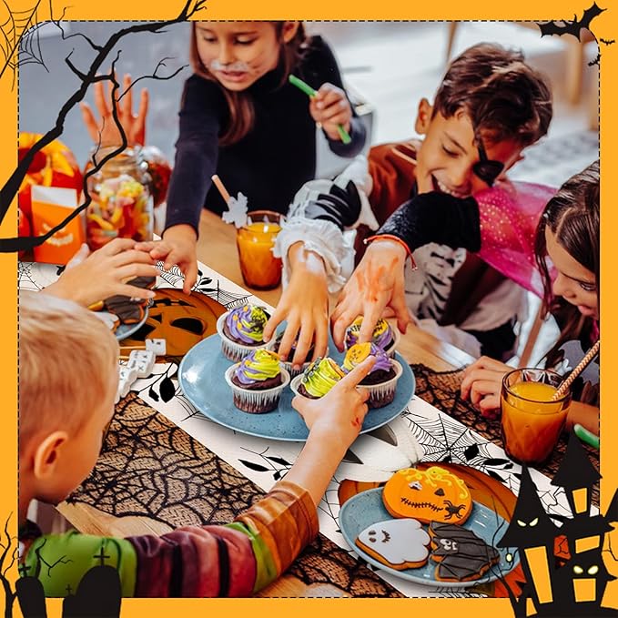 Happy Halloween Table Runner Pumpkin White Spider Web Fall Kitchen Dining Table - Image 3