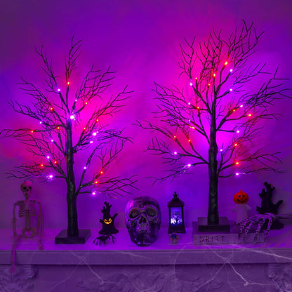 Halloween Decorations Indoor 2 Pack 24 Inch Black Halloween Tree with 48 Orange & Purple Lights, USB or Battery Operated Halloween Table Decorations Lighted Tabletop Spooky Tree Home Decor Office
