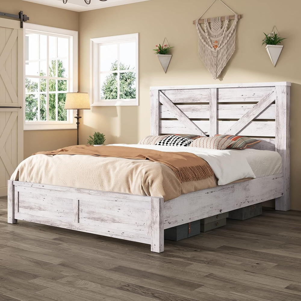 AMERLIFE Farmhouse Queen Size Bed Frame with 49.2" Barn Door Headboard