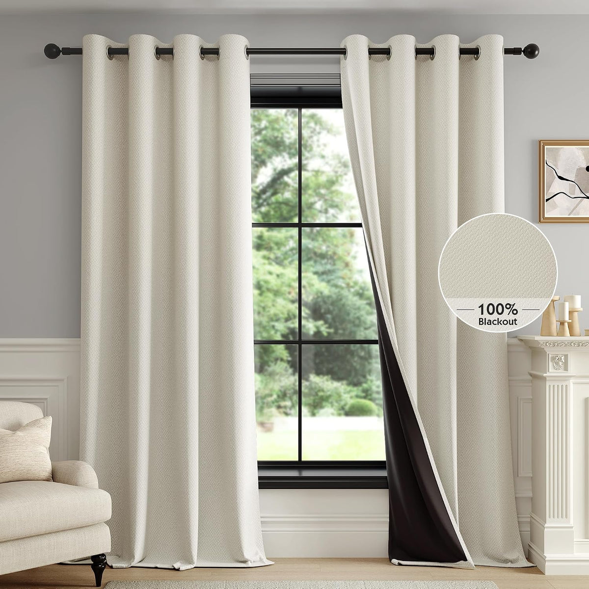 fmfunctex 100% blackout beige curtains 84 inches for shown in use