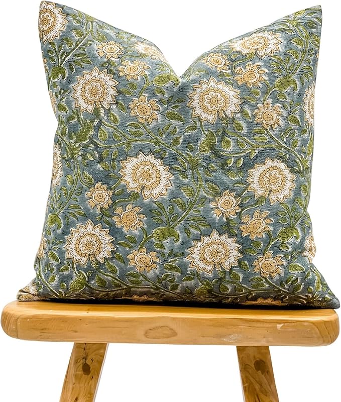 Designer Floral on Natural Linen Pillow Cover | Blue Green and Mustard Pillow by Krinto