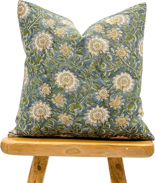 Designer Floral on Natural Linen Pillow Cover | Blue Green and Mustard Pillow by Krinto