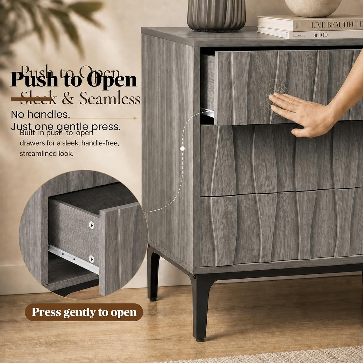 fluted 3‑drawer nightstand, 3d wave front table, gray, close-up detail
