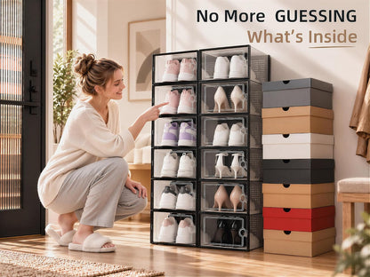 kuject x-large shoe storage boxes 12 pack, clear, side view