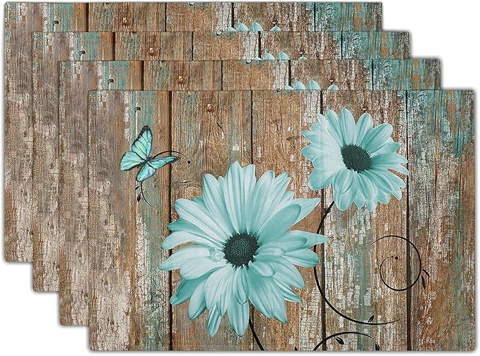 Giwawa Rustic Daisy Placemats Set of 4- Teal Sunflowers on Vintage Wood Board by Giwawa