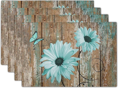 Giwawa Rustic Daisy Placemats Set of 4- Teal Sunflowers on Vintage Wood Board by Giwawa