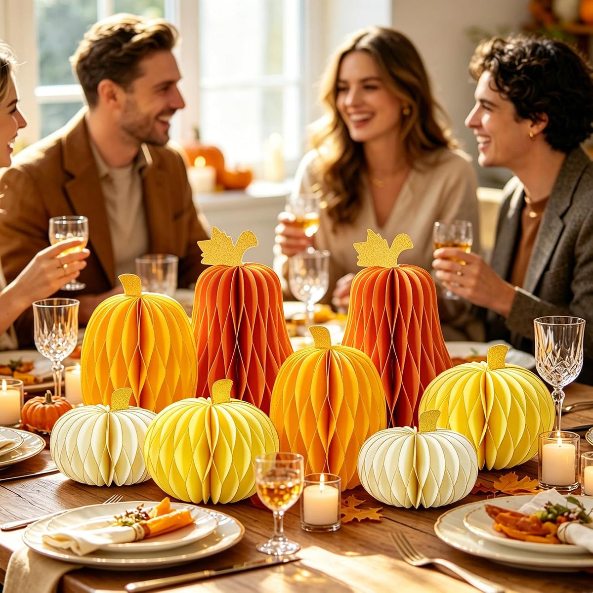 SUBEAUTY 8 PCS Pumpkin Honeycomb Centerpieces Fall Pumpkin Party Decoration Thanksgiving Centerpieces for Tables Orange Honeycomb Decorations for Halloween Autumn Festival Party Decor