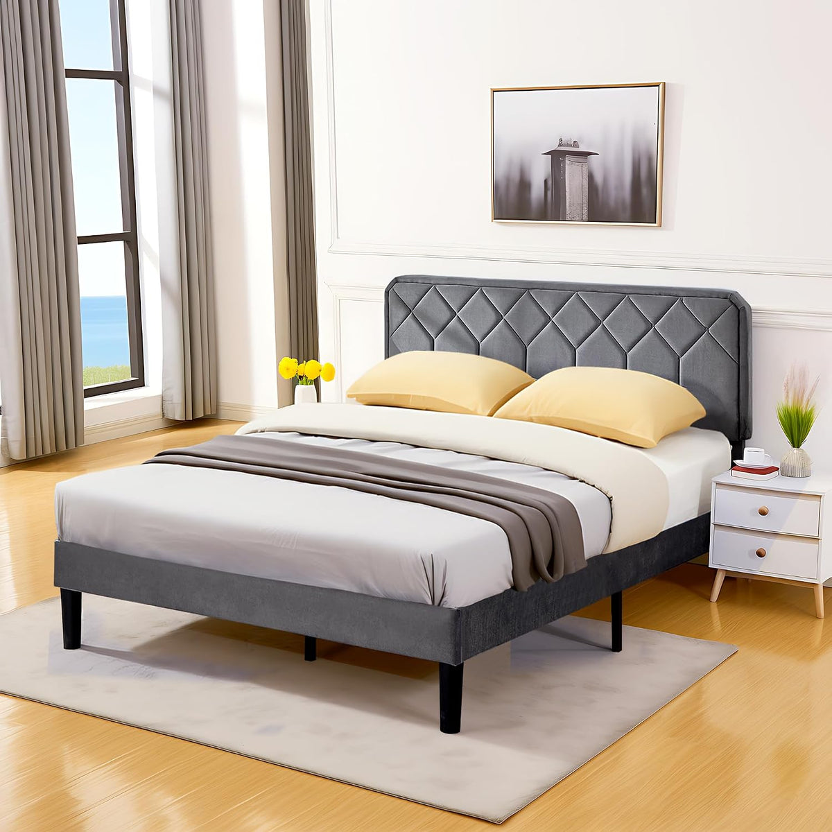 vecelo queen size bed frame, velvet upholstered platform showing dimensions