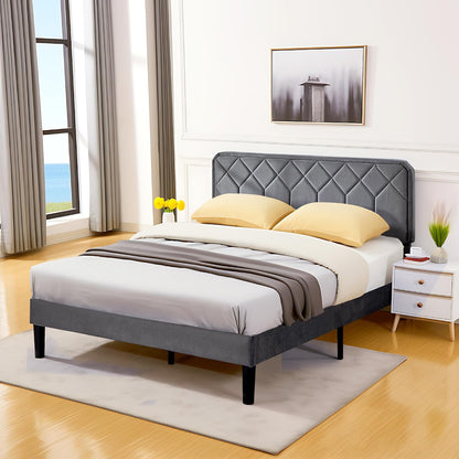 vecelo queen size bed frame, velvet upholstered platform showing dimensions