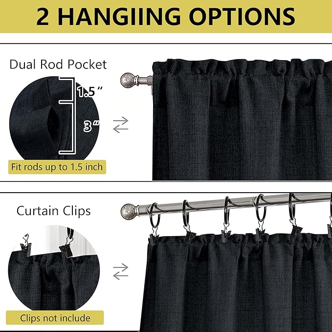 Black Kitchen Curtains 24 Inch Length 2 Panels, Light Filtering Faux Linen - Image 4