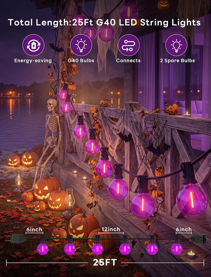 Abeja 50FT G40 Purple Halloween String Lights, Halloween Lights Outdoor with 27 Shatterproof Purple LED Bulbs(2 Spare) LED Globe Lights for Patio Balcony Backyard Pergola Decor