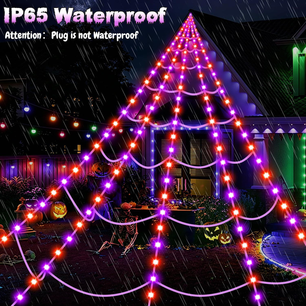Halloween Decorations Outdoor, 250 LED Halloween Giant Spider Web Lights, 200" Lighted Spiderweb Light up with 8 Modes for Yard Haunted House Decor, Remote Control Lighted Spider Dark Purple Orange