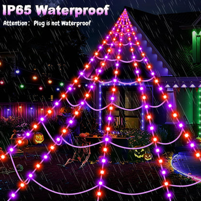 Halloween Decorations Outdoor, 250 LED Halloween Giant Spider Web Lights, 200" Lighted Spiderweb Light up with 8 Modes for Yard Haunted House Decor, Remote Control Lighted Spider Dark Purple Orange