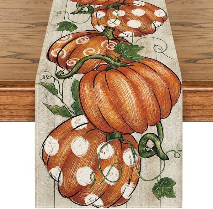 Artoid Mode Polka Dot Pumpkins Vine Wood 210 GSM Fall Table Runner, Seasonal by ArtoidMode