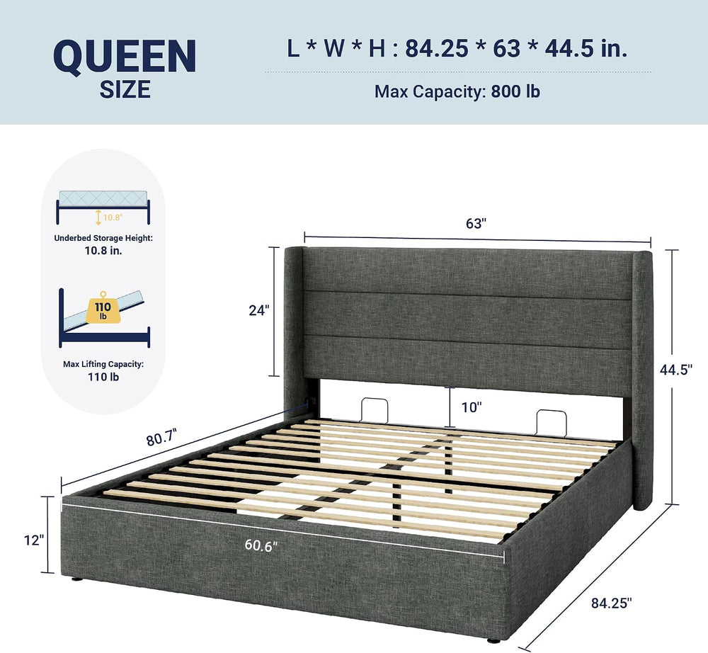 Allewie Queen Size Lift Up Hydraulic Storage Bed Frame Dark Grey