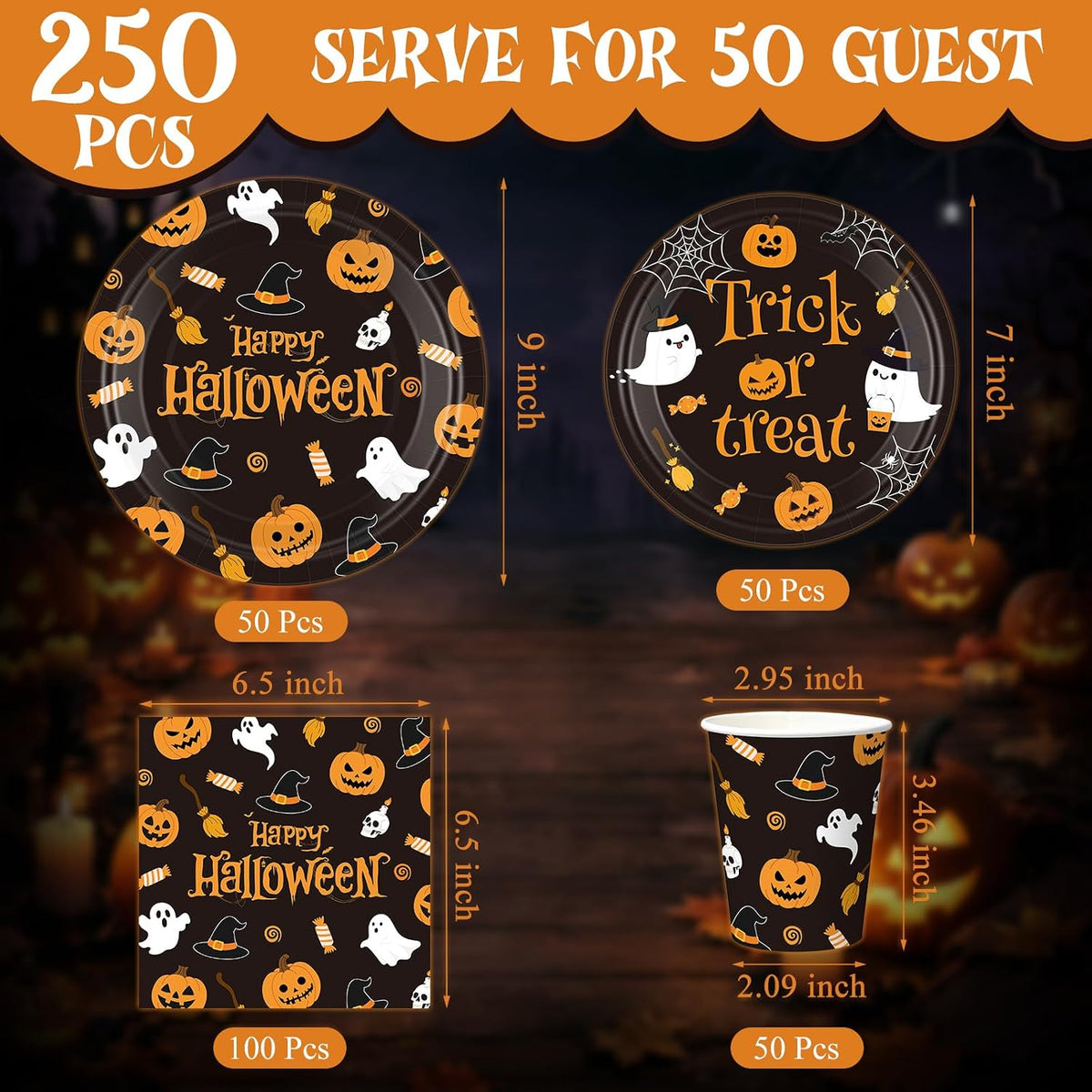 250 Pcs Halloween Party Supplies, Paper Plates Napkins and Cups, Black