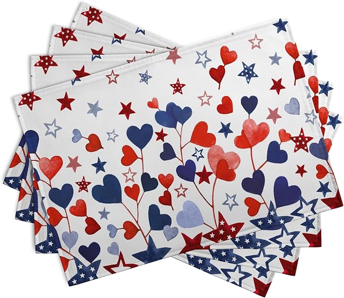 Red Blue Heart Stars 4th of July Placemats Set of 4 Patriotic America - Image 2