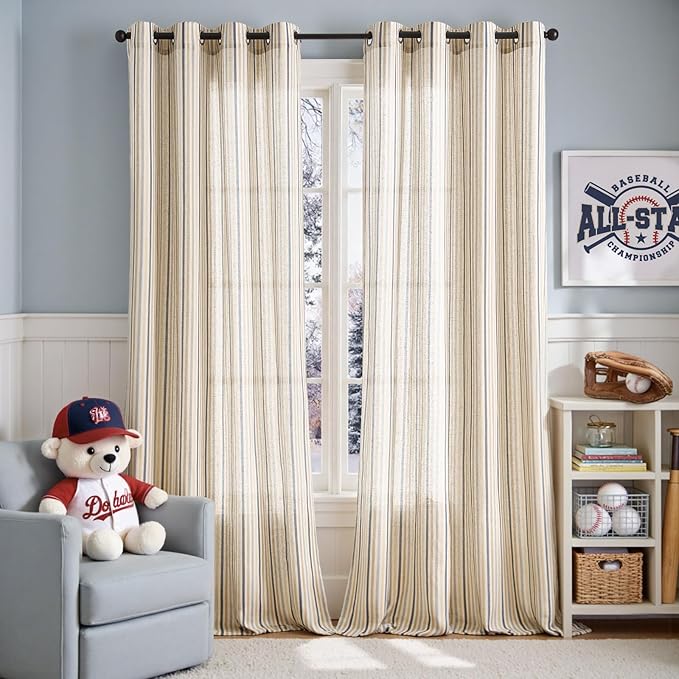 Vangao Linen Striped Blue Curtains Boho Tickingstripe Light Filtering Nursery - Image 2