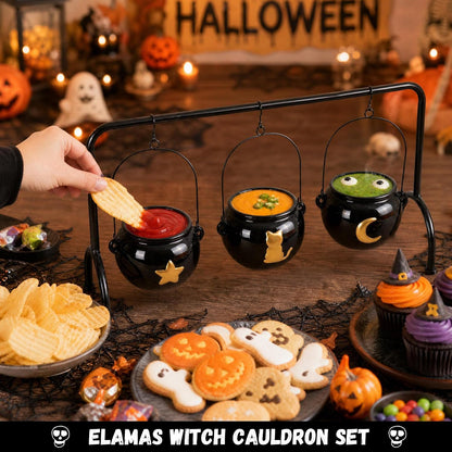 Halloween Decorations 3 Ceramic Witches Cauldron Candy Serving Bowl on Rack, Black Cauldron Snack Bowls Party Decorations, Hocus Pocus Witch Candy Cauldron with Cat, Moon, Star Pattern for Table Decor