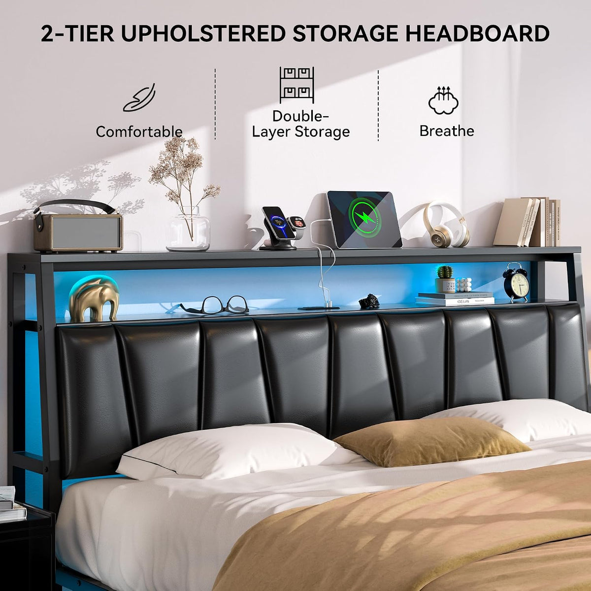 freehouse king size bed frame with storage headboard, close-up detail