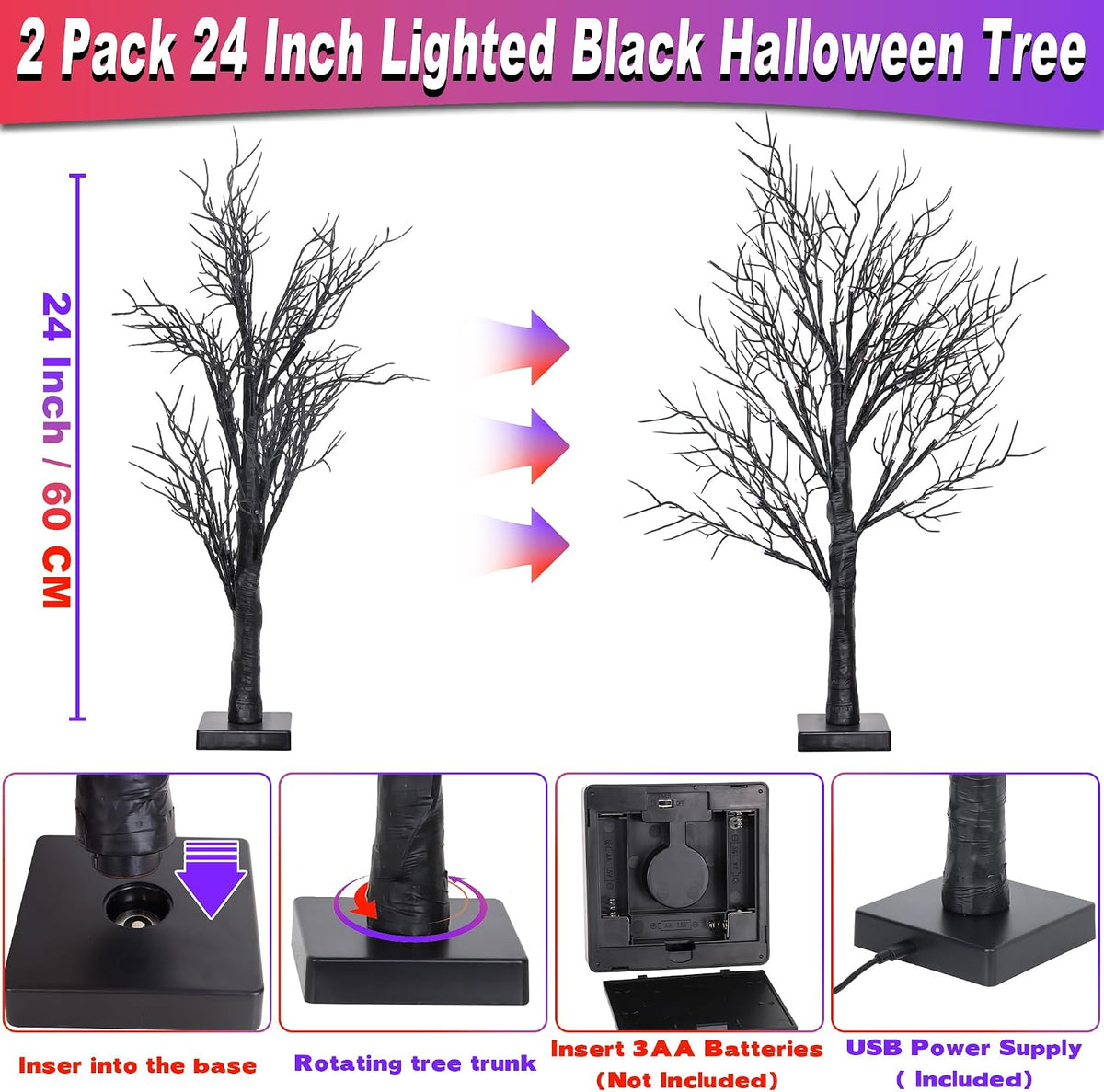 2 Pack 24 Inch Spooky Black Halloween Tree Decorations for Indoor Home Table, Halloween Lighted Tabletop Centerpiece with 24 Orange and Purple LEDs, Timer, USB or Battery Powered
