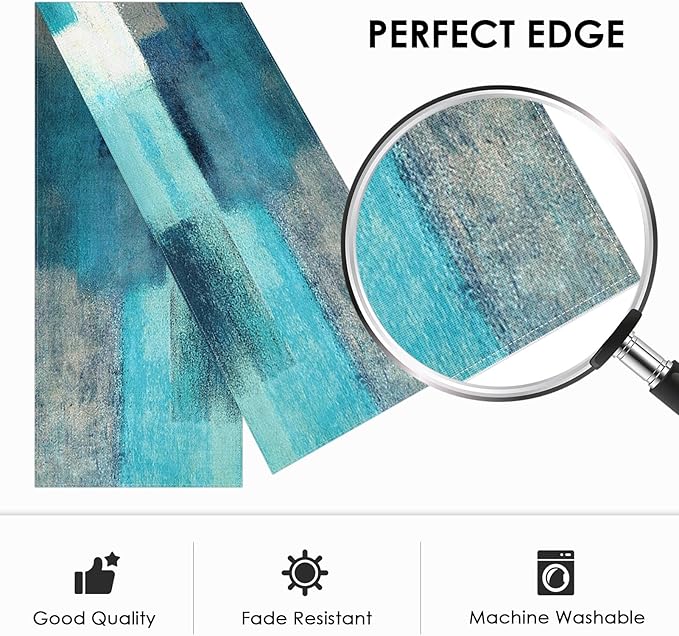 Emvency Farmhouse Table Runner, Modern Teal and Grey Abstract Art Painting - Image 2