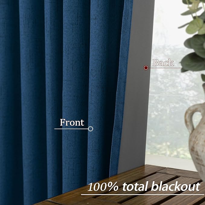 KOUFALL 52x102 Inch Length Navy Blue Back Tab Linen Blackout Curtains - Image 5