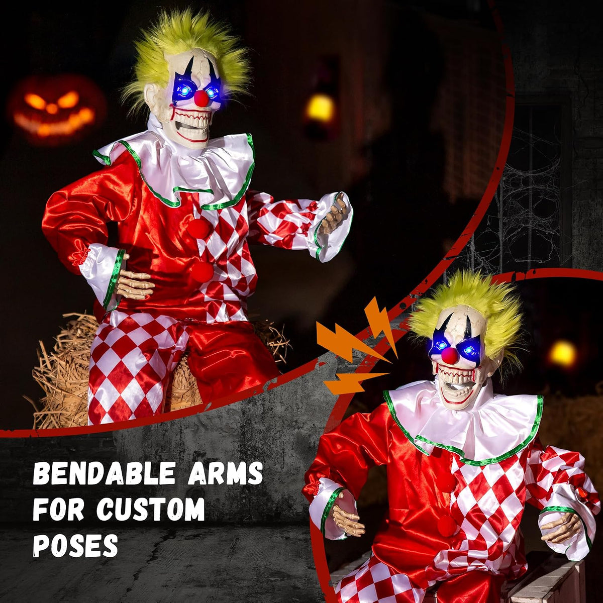 Halloween Animatronic Sitting Clown Decoration–Sound Activated Creepy Clown Prop with Shaking Body, Glowing Eyes & Scary Voice–Indoor/Outdoor Halloween Decor for Yard, Haunted House, Party (48")