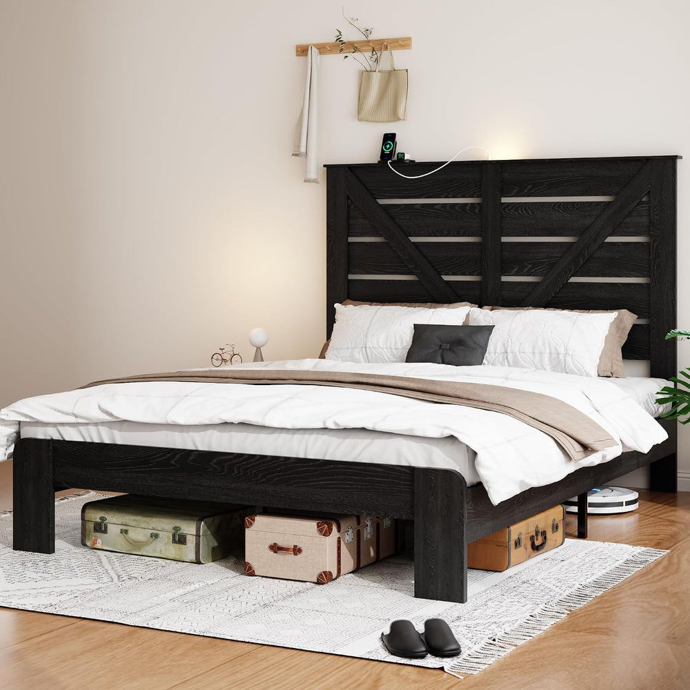 Queen Farmhouse Bed Frame with Headboard, LED Lights, USB Charging