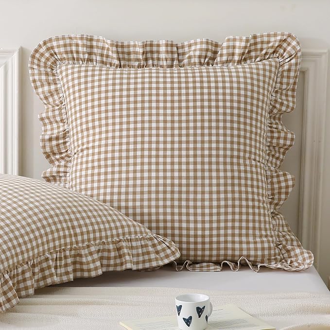 Aryeleay 2 Pack Taupe White Plaid Gingham Ruffle Pillow Shams, 100% Washed by Aryeleay