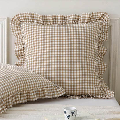 Aryeleay 2 Pack Taupe White Plaid Gingham Ruffle Pillow Shams, 100% Washed by Aryeleay