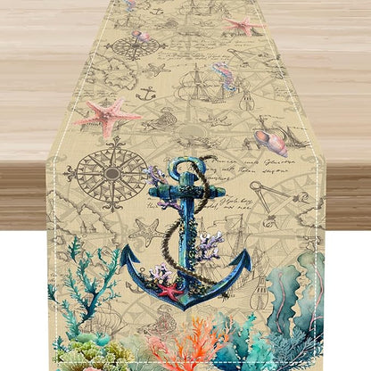 Nautical Anchor Table Runner, Retro Coastal Treasure Map Coral Plant Starfish by Unknown