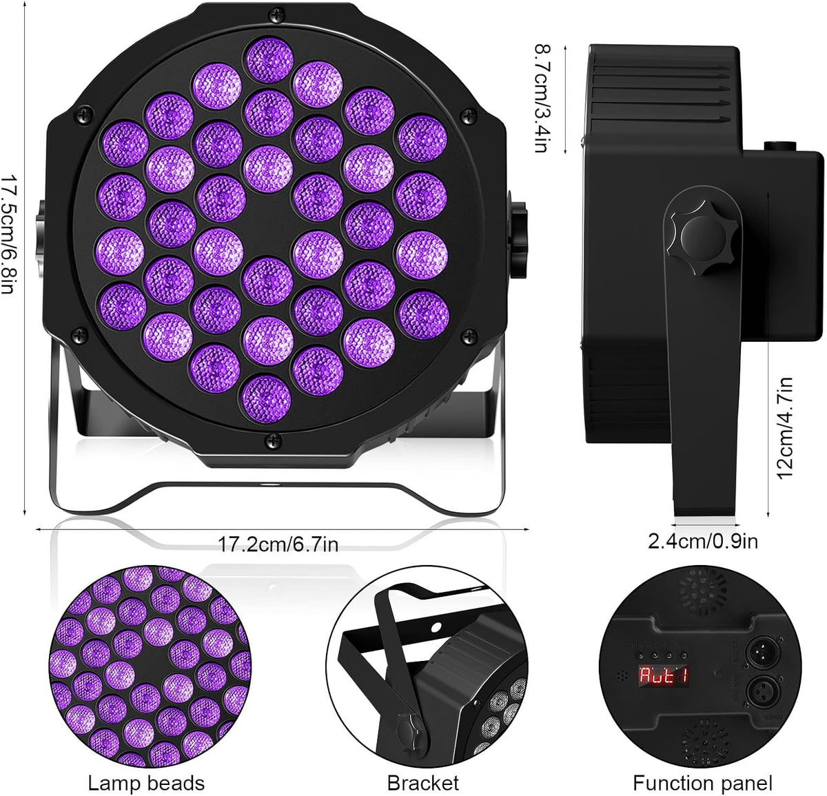 36LED Black Lights, U`King 72W UV Stage Lights Blacklight with Glow in The Dark Party Supplies by DMX Remote Control for Halloween Stage Lighting (1 Pack)