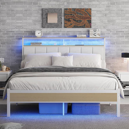 queen bed frames with charging station and led, main product view
