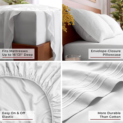 mellanni iconic 3-piece bed sheet set, 16" deep showing dimensions