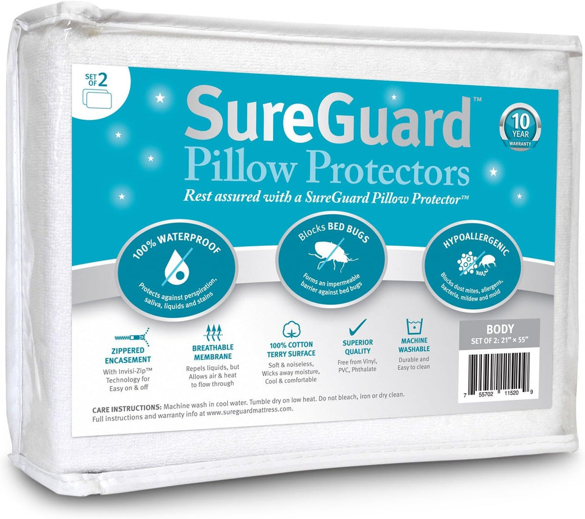 set of 2 body size sureguard pillow protectors, main product view