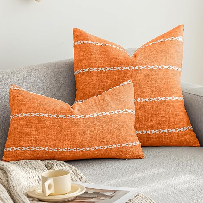 vctops Orange Fall Striped Cotton Linen Decorative Throw Pillow Cover - Image 2