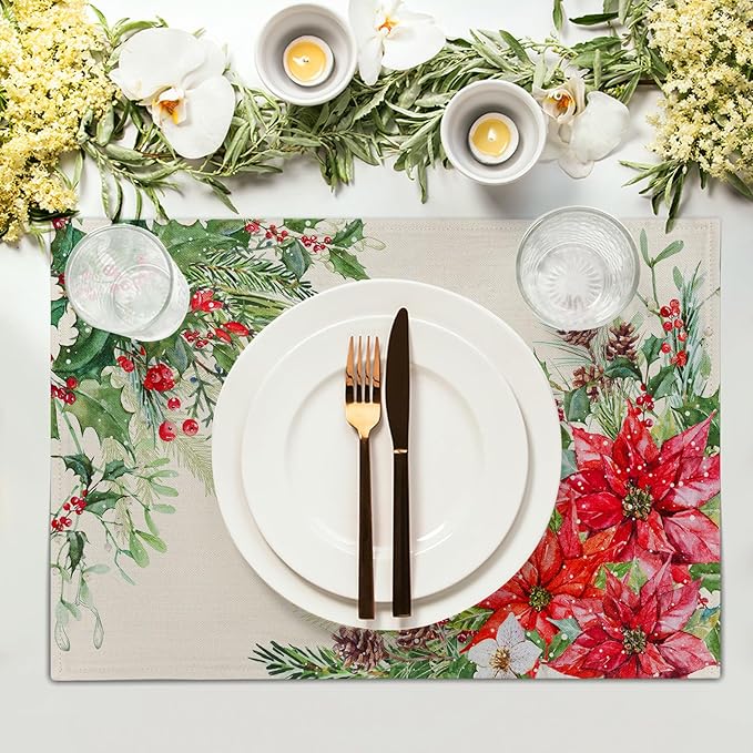 Giwawa Poinsettia Placemats Set of 4, 12x18 Inch Watercolor Christmas Red - Image 3