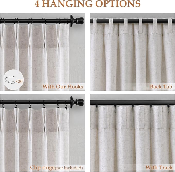 Beige White Pinch Pleated Linen Curtains 63 Inch Length 2 Panels - Image 5