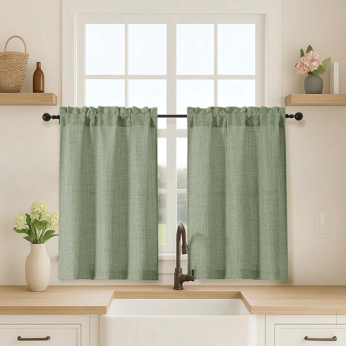 OVZME 2 Panels Green Cafe Curtains 36 Inch Length, Thick Textured Small Kitchen by OVZME