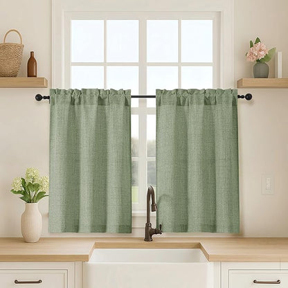 OVZME 2 Panels Green Cafe Curtains 36 Inch Length, Thick Textured Small Kitchen by OVZME
