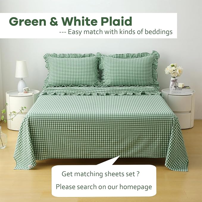2 Pack Christmas Green White Plaid Ruffle Gingham Pillow Shams Standard Size - Image 2