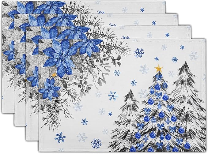 Giwawa Christmas Placemats Set of 4 Blue Grey Xmas Trees Balls Linen Place Mat by Giwawa