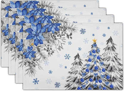 Giwawa Christmas Placemats Set of 4 Blue Grey Xmas Trees Balls Linen Place Mat by Giwawa