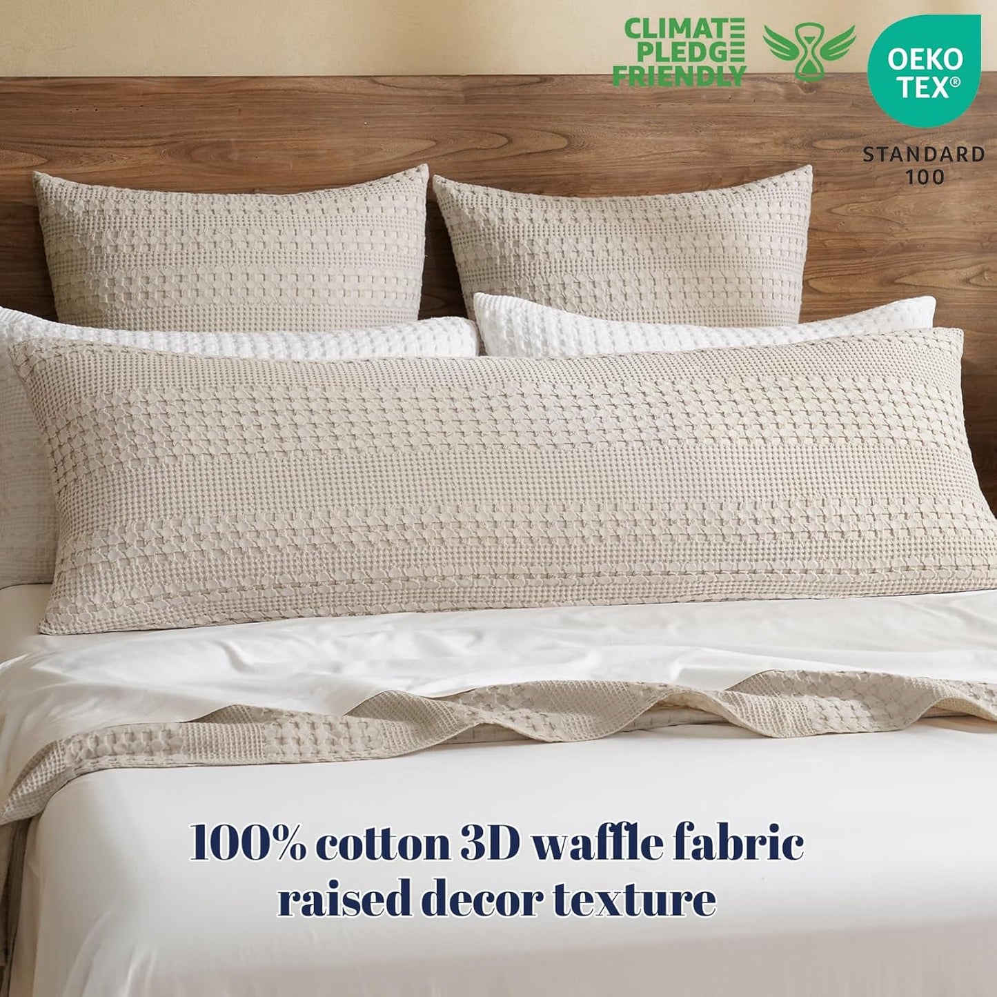 PHF 100% Cotton Waffle Body Pillowcase with Zipper, 1 Pack 20" x 54" Soft Skin-Friendly Pillow Sham, No Filling, Aesthetic Woven and Breathable Waffle Weave Body Pillow Cover for Bed, Oatmeal